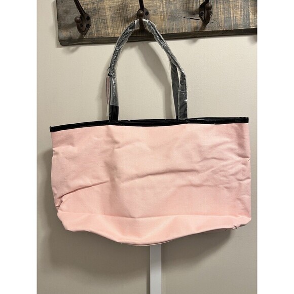 VICTORIA SECRET TOTE BAG SIGNATURE STRIPES PINK/BLACK With Wristlet NEW - Picture 8 of 11